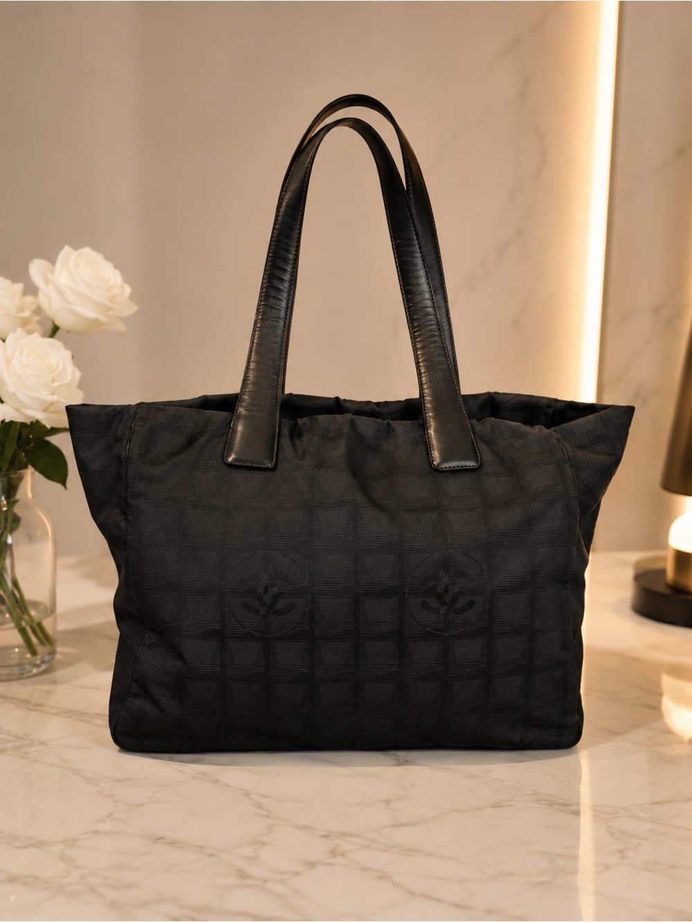 Chanel Large Black Quilted Tote Bag with Leather Handles